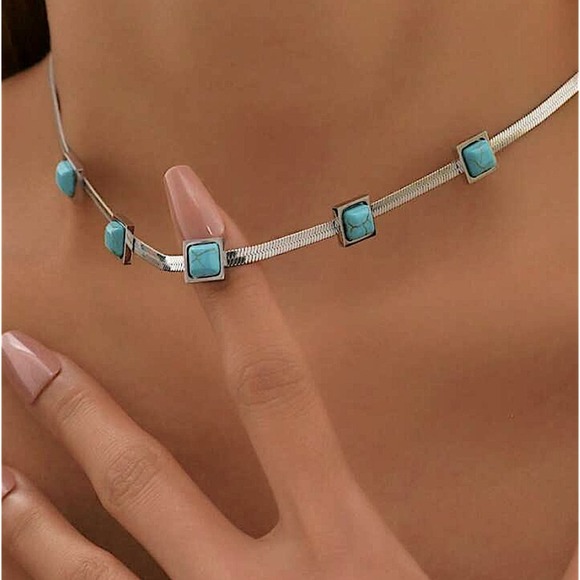 Sterling Silver Turquoise Charm Necklace Pendant Choker - Picture 1 of 8